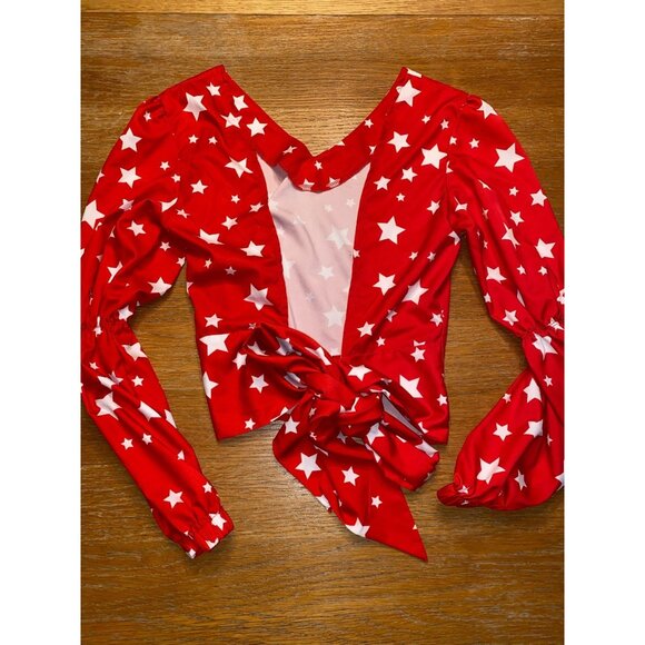 Red & White Star Pattern Long Sleeve Crop Top With Tie Back - Picture 5 of 5